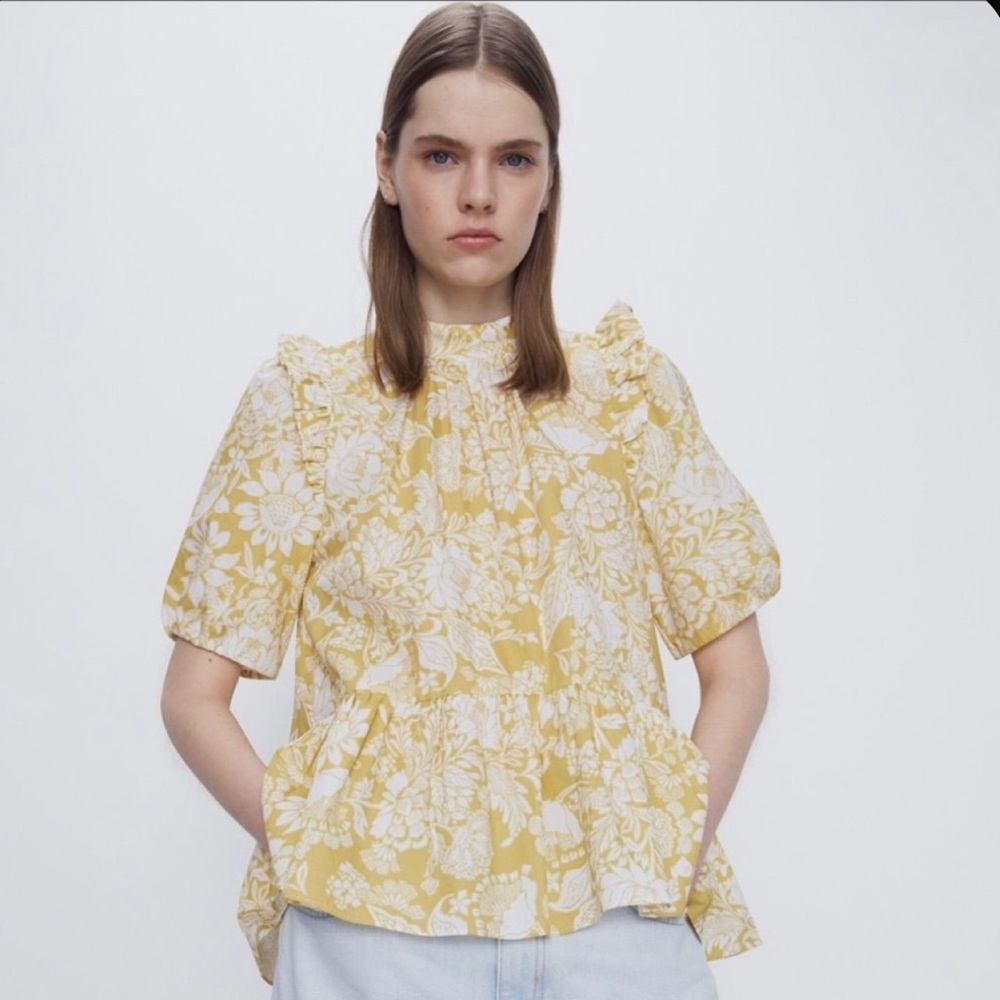 Zara Women’s S yellow Floral Print Ruffle Puff‎ Sleeves Peplum Hem Blouse
